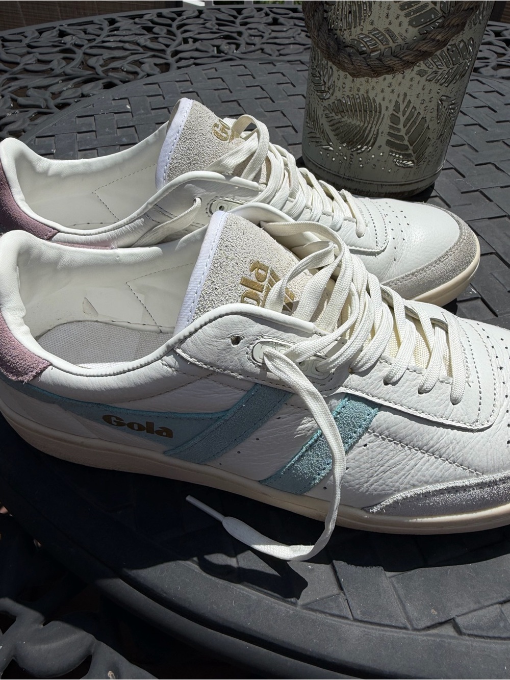 Gola Women’s White Leather Sneaker with Powder Blue and Pink/Purple Heel Accent